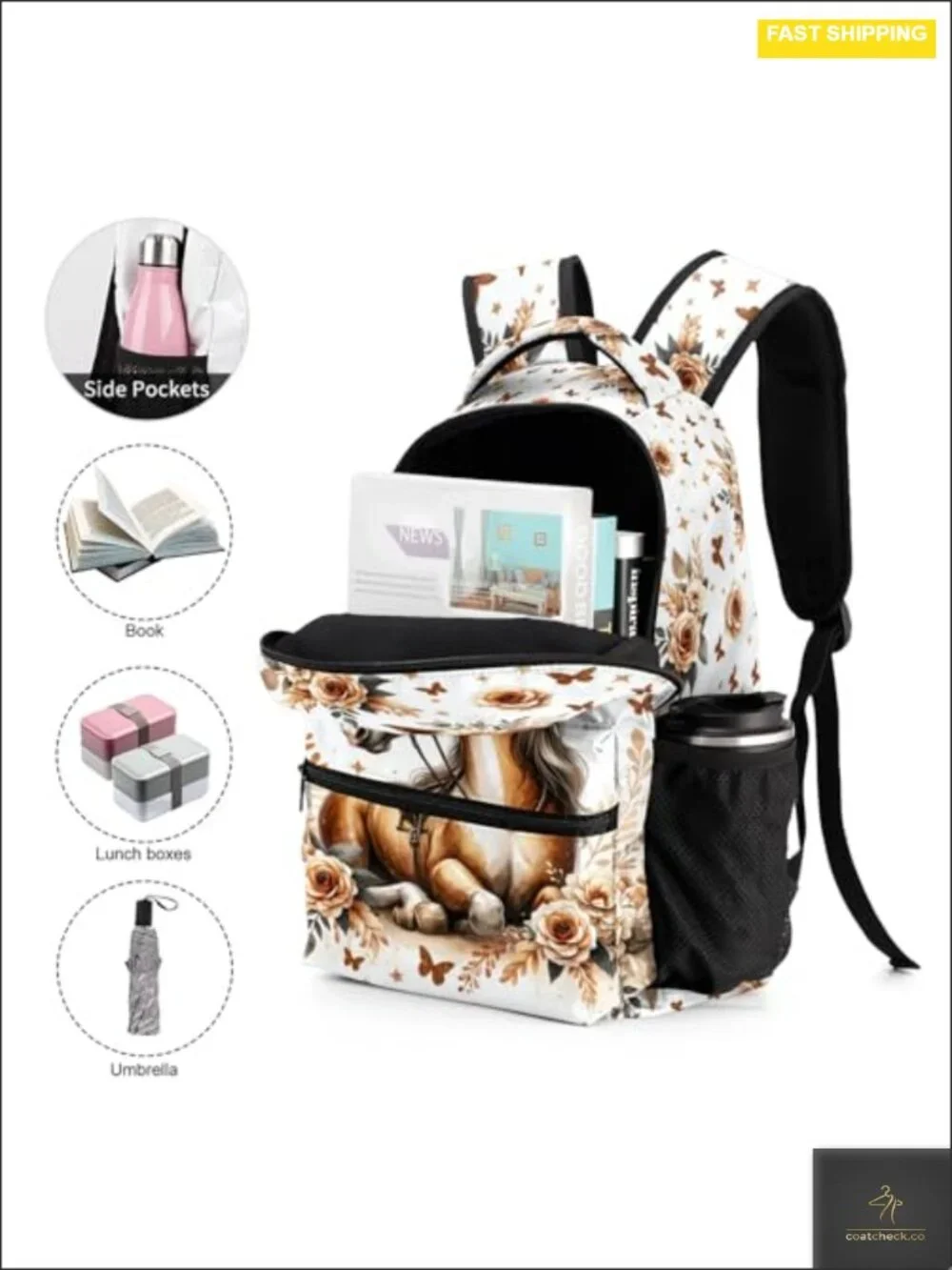 Horse Print Kids Backpack with Lunch Bag & Pencil Case, 17in Bookbag, Nylon